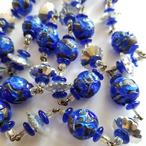 Relisted - long Chunky Art Glass necklace blue silver flapper - Picture 6 of 7